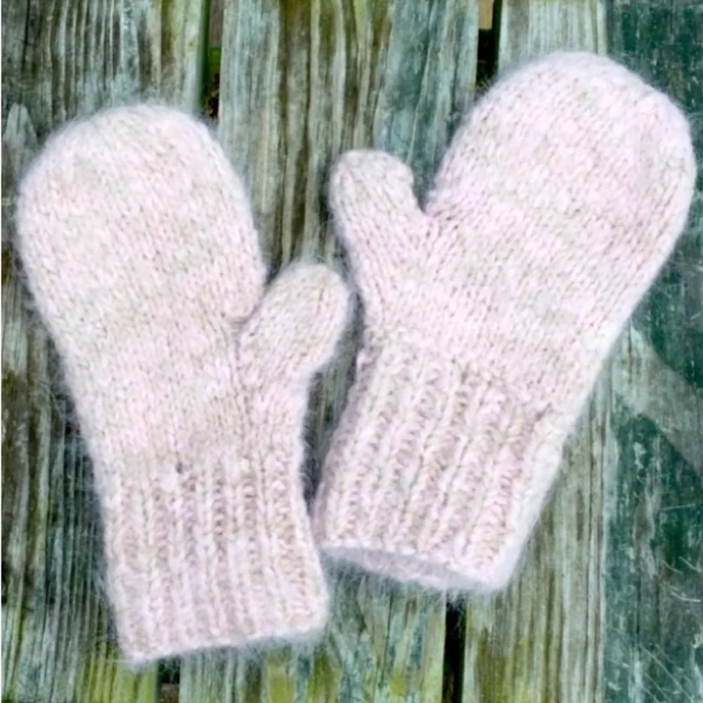 HAND CRAFTED Mittens ANGORA Soft Knit Pink White Rabbit Fur Size Medium Large